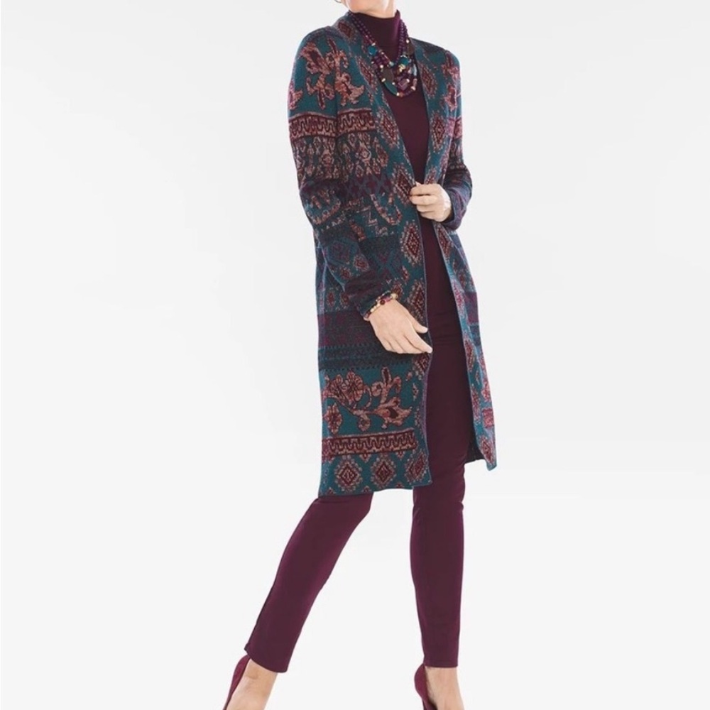 Chico’s Metallic‎ Floral Tapestry Jacquard Open Front Duster Cardigan Small / 0